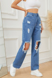 Washed Blue Distressed Hole Wide Leg Jeans Pants