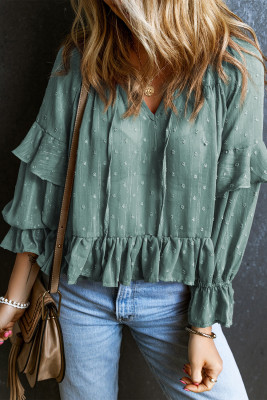 Mint Green Swiss Dot Lace up V Neck Ruffled Blouse