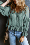 Mint Green Swiss Dot Lace up V Neck Ruffled Blouse