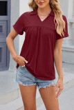 Plain V Neck Turn Down Collar Short Sleeves Top
