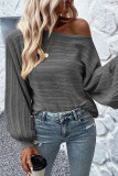 Dark Grey Lantern Sleeve Eyelets Textured Knit Sweater