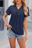 Plain V Neck Turn Down Collar Short Sleeves Top