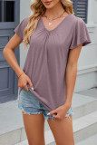 Plain V Neck Ruffle Sleeves Top