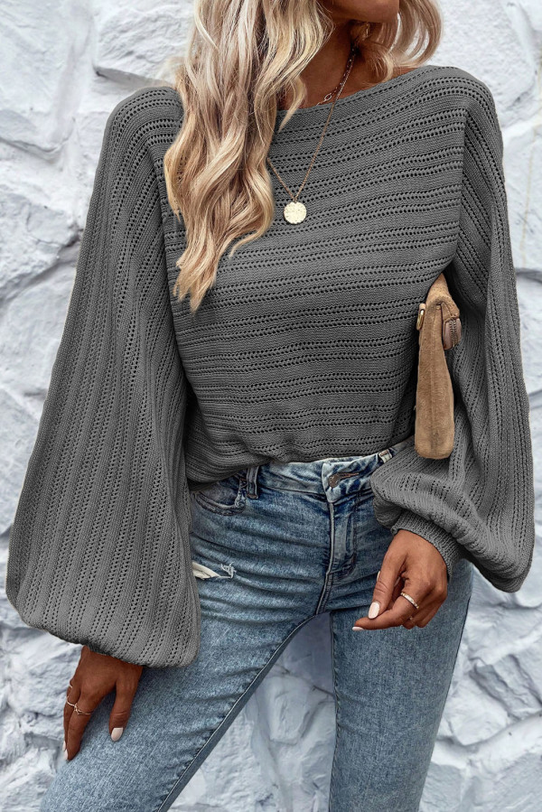 Dark Grey Lantern Sleeve Eyelets Textured Knit Sweater