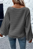 Dark Grey Lantern Sleeve Eyelets Textured Knit Sweater