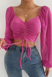 Plain Open Bust Ruched Puff Sheer Sleeves Crop Top
