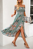 Off Shoulder Boho Print Split Dress