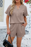 Plain Waffle Knit Buttoned Down Top And Elastic Waist Shorts 2pcs Set