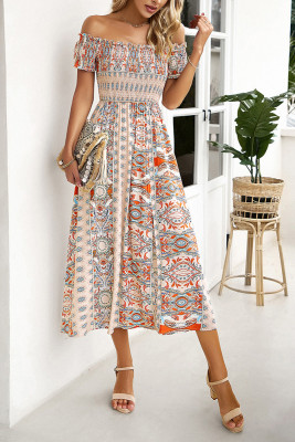 Off Shoulder Boho Print Split Dress