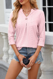 Plain Eyelet Pattern V Neck Semi Sleeves Blouse