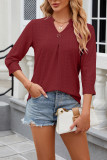Plain Eyelet Pattern V Neck Semi Sleeves Blouse