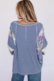Sky Blue Printed Pinstriped Color Block Patchwork Oversized Top