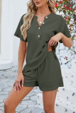Plain Waffle Knit Buttoned Down Top And Elastic Waist Shorts 2pcs Set