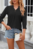 Plain Eyelet Pattern V Neck Semi Sleeves Blouse