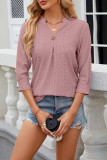Plain Eyelet Pattern V Neck Semi Sleeves Blouse