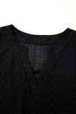 Black Eyelet Jacquard Split Neck Flounce Sleeve Plus Size Blouse