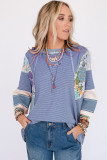 Sky Blue Printed Pinstriped Color Block Patchwork Oversized Top