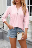 Plain Eyelet Pattern V Neck Semi Sleeves Blouse