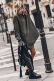 Dark Grey Solid Color Cable Knit Crew Neck Tunic Sweater