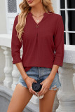 Plain Eyelet Pattern V Neck Semi Sleeves Blouse