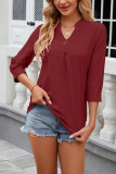Plain Eyelet Pattern V Neck Semi Sleeves Blouse