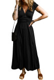 Black Short Sleeve Shirred High Waist V Neck Maxi Dress