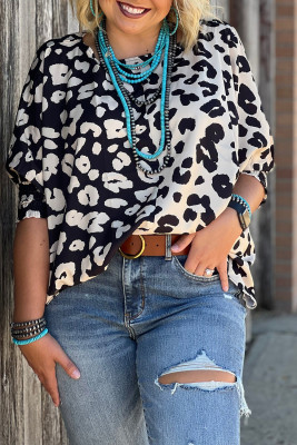Black Plus Size Contrast Leopard Half Sleeve Blouse