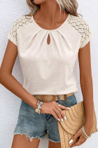 White Contrast Lace Sleeve Keyhole Decor Top