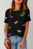 Black Mardi Gras Sequin Bow Knot Crew Neck T Shirt