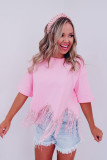 Pink Fringed Sequin Crop T-shirt