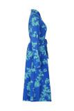 Blue Floral Print Shirt Dress With Sash