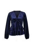 Navy V Neck Twisted Ruffles Hem Velvet Blouse