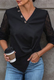 Black V Neck Buttoned Lace Sleeves Top