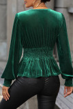 Dark Green V Neck Smocked Waist Puff Velvet Blouse