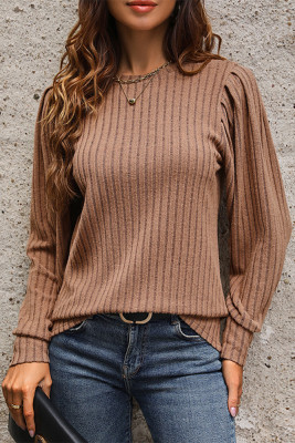 Brown Rib Puff Long Sleeves Top