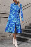 Blue Floral Print Shirt Dress With Sash