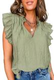Meadow Mist Green V Neck Flutter Sleeve Textured Blouse