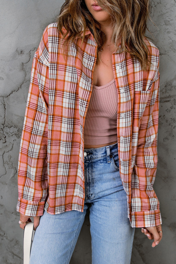 Pink Classic Plaid Print Side Slit Shirt