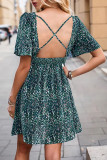Green Printed V Neck Bubble Sleeves Dress