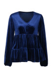 Navy V Neck Velvet Splicing Top