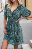 Green Printed V Neck Bubble Sleeves Dress