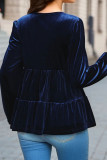 Navy V Neck Velvet Splicing Top