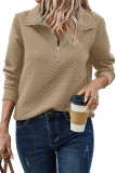 Pale Khaki Solid Half Zipper Quilted Pullover Sweatshirt