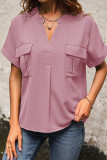 Plain V Neck Pin-Tucked Pockets Short Sleeves Blouse