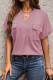Plain V Neck Pin-Tucked Pockets Short Sleeves Blouse