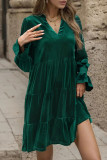 Green V Neck Splicing Ruffle Velvet Dress