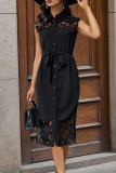 Black Lace Patchwork Midi Shirt Dress