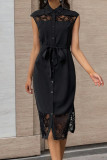 Black Lace Patchwork Midi Shirt Dress