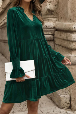 Green V Neck Splicing Ruffle Velvet Dress