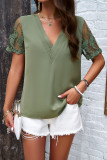 Plain V Neck Pin-Tucked Lace Sleeves Top